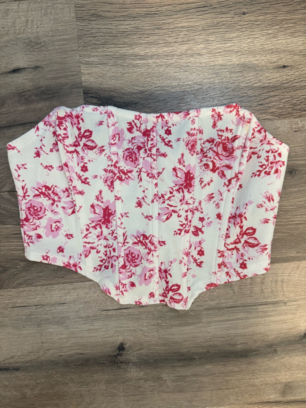SHEIN White Floral Corset Crop Top with Pink Rose Print